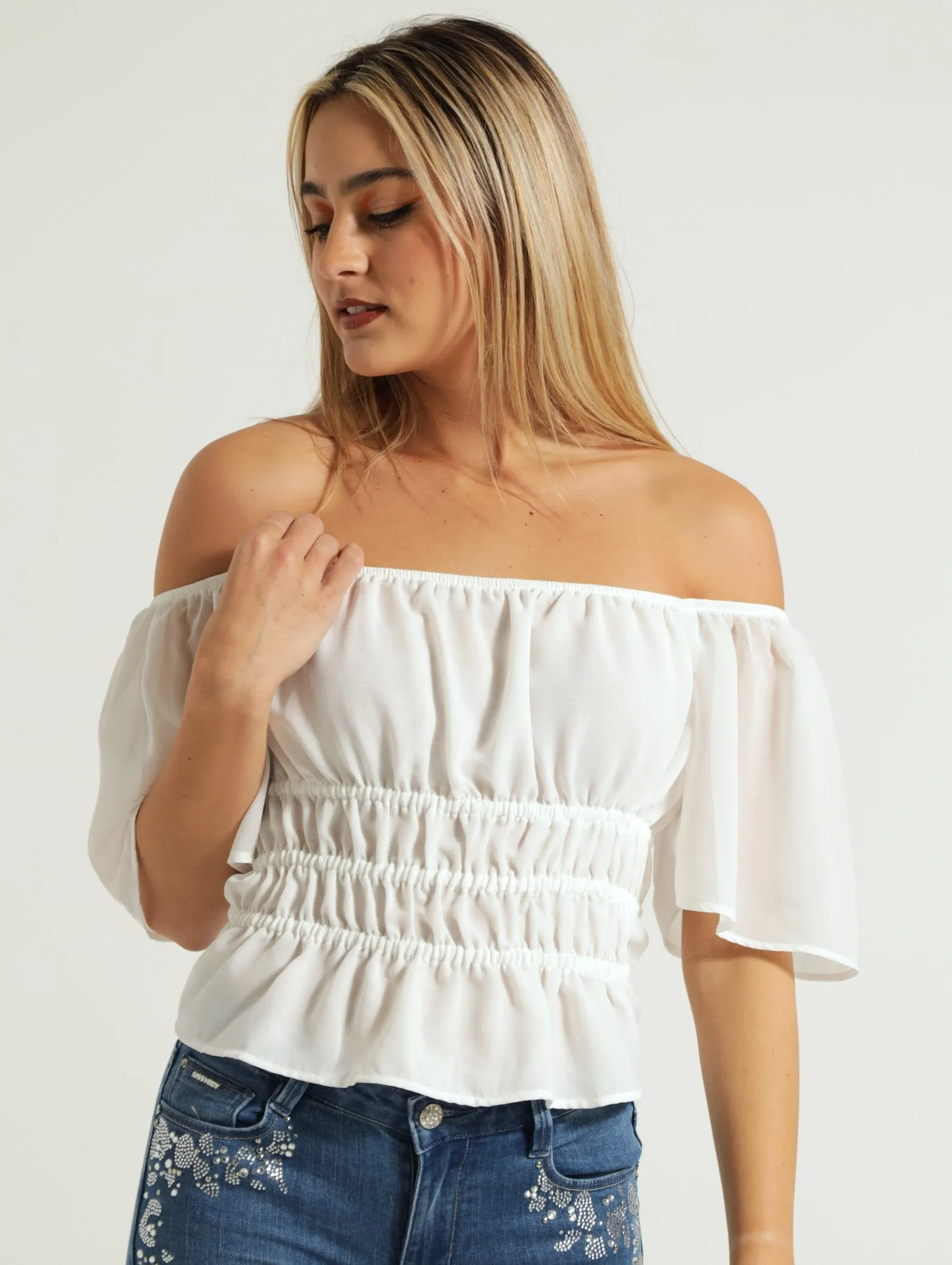 Flared Elasticated Waist Top - Off White sold by Edgars