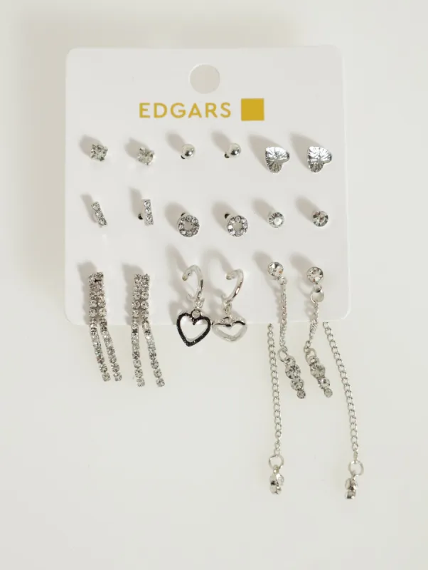 9 Pack Heart And Hanging Diamante Earrings - Silver sold by Edgars 