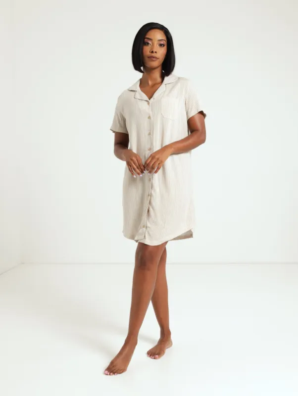 Stripe Button Through Linen Blend Sleepshirt - Brown/White sold by Edgars 
