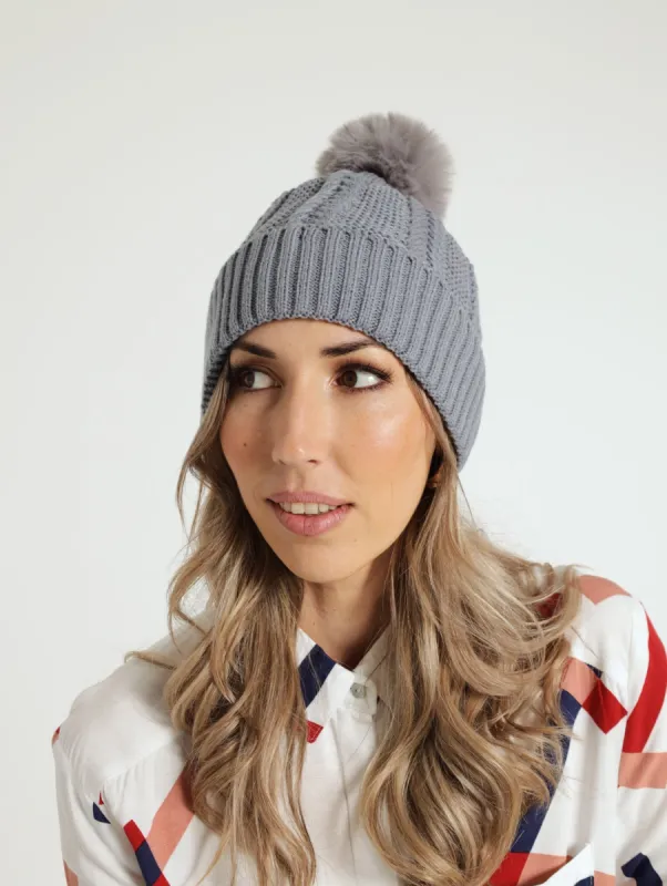 Knitted Turn Up Pom Pom Beanie - Grey sold by Edgars 
