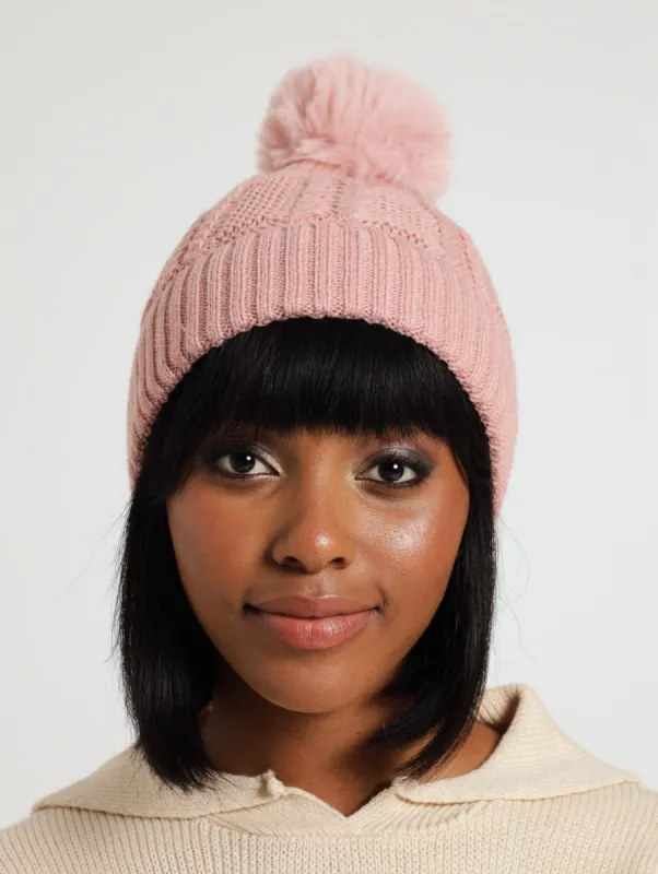 Knitted Turn Up Pompom Beanie - Dusty Pink sold by Edgars 