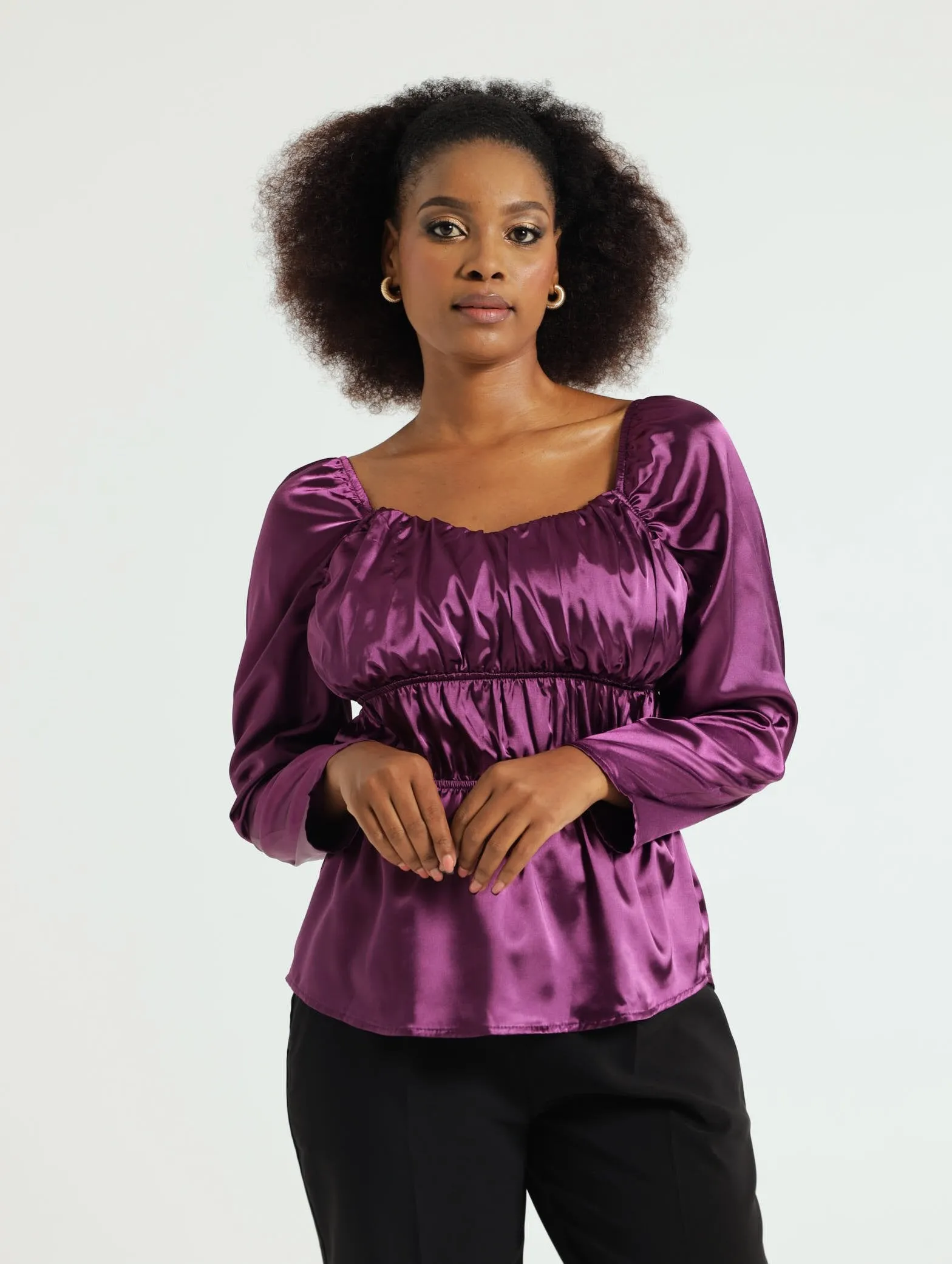 V-Neck Satin Peplum Blouse - Purple sold by Edgars