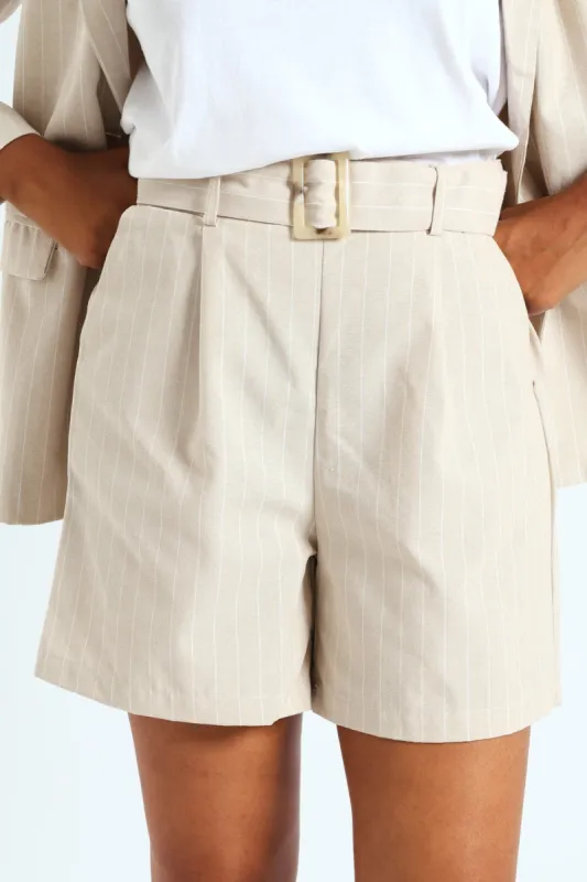 Belted Mid Thigh Pinstripe Short - Beige/White sold by Edgars