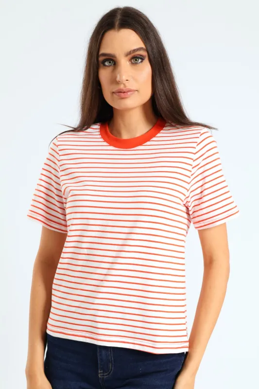 Plain Rib Neck Boxy Skinny-Stripe Tee - Tangerine sold by Edgars 
