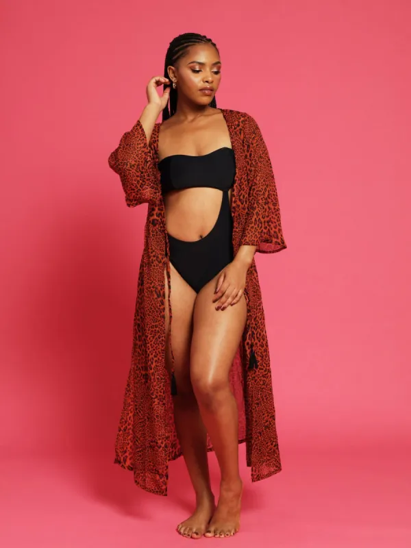 Long Sleeve Lurex Leopard Print Kimono - Brown sold by Edgars
