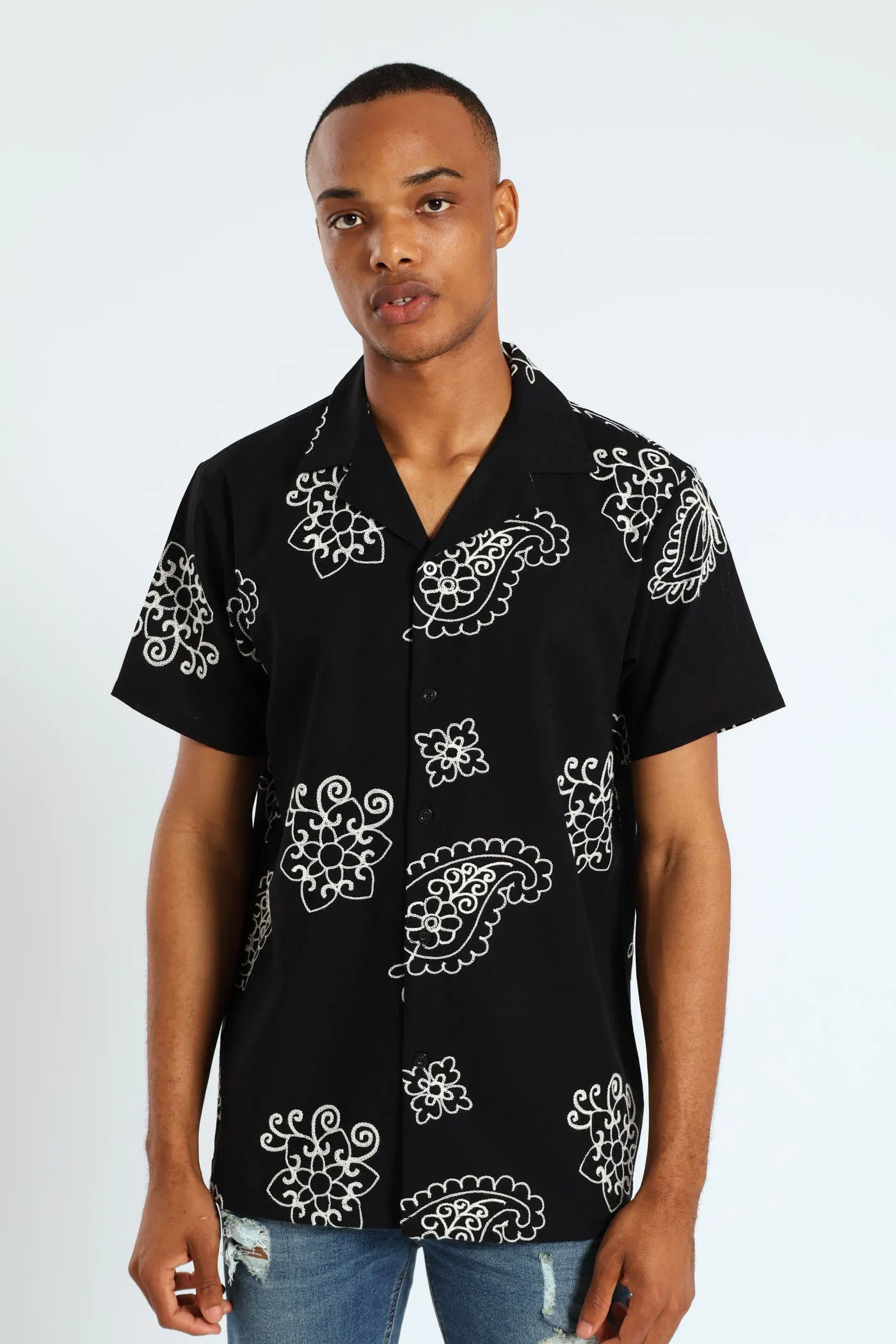 Bandana Paisley Embroidery Shirt - Black sold by Edgars