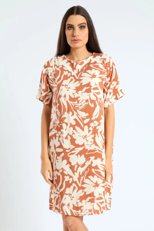 Back Detail Printed Shift Dress - Brown/White sold by Edgars
