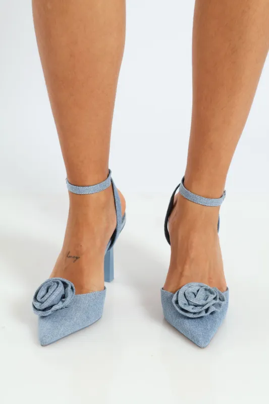 Rosalia Flower Detailed Ankle Strap Stiletto Heel - Blue sold by Edgars