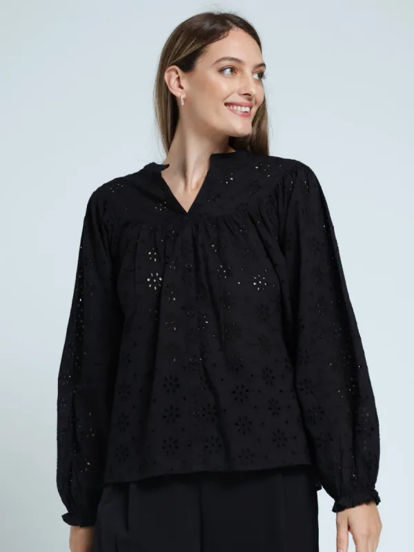 Long Sleeve Button Through Anglaise Blouse - Black sold by Edgars
