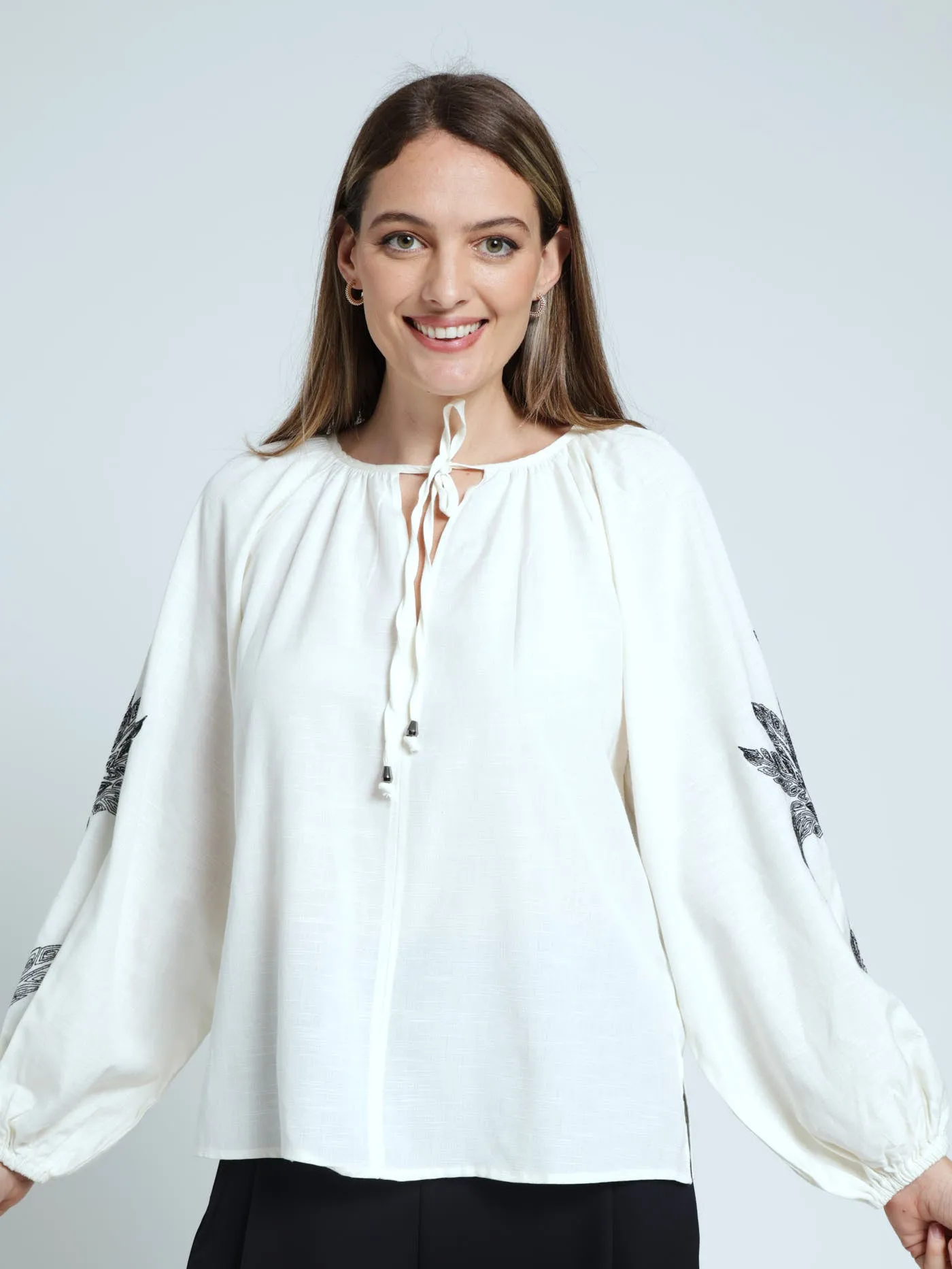 Long Sleeve Boho Blouse With Tie Cuff - Cream sold by Edgars