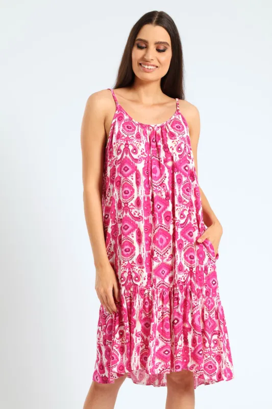 Sleeveless Strappy Peplum Hem Printed Mini Dress - Cerise sold by Edgars