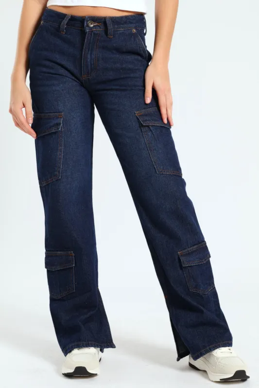 Relaxed Fit Denim Cargo Jeans - Dark Wash Ink sold by Edgars