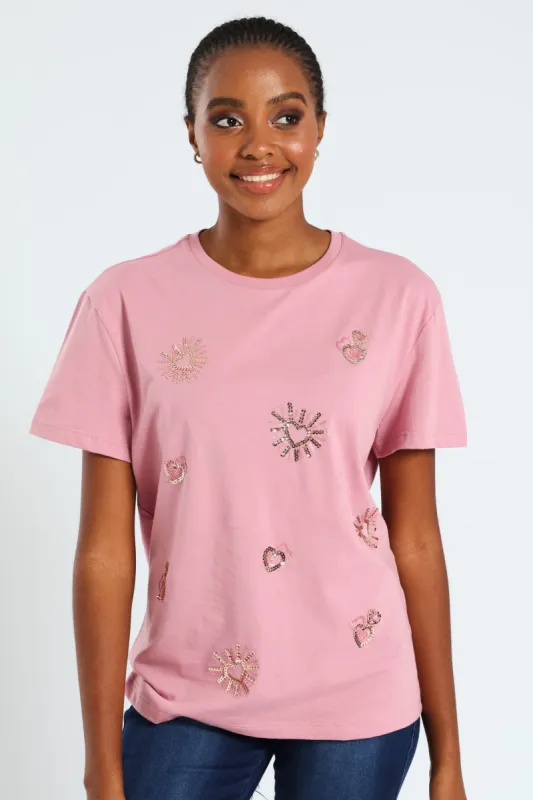 Sequin Hearts Tee - Pink sold by Edgars