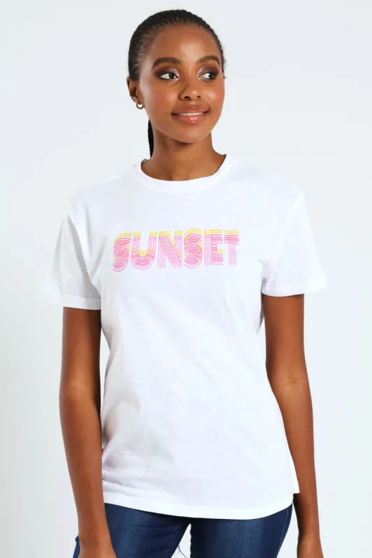 Short Sleeve Sunset Retro Glitter Tee - White sold by Edgars