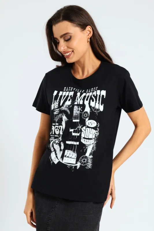 Short Sleeve Live Music Guitar Tee - Black sold by Edgars