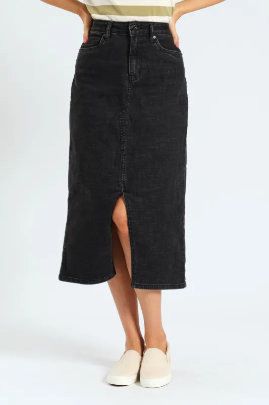 Classic Front Slit Denim Midi Skirt - Charcoal sold by Edgars