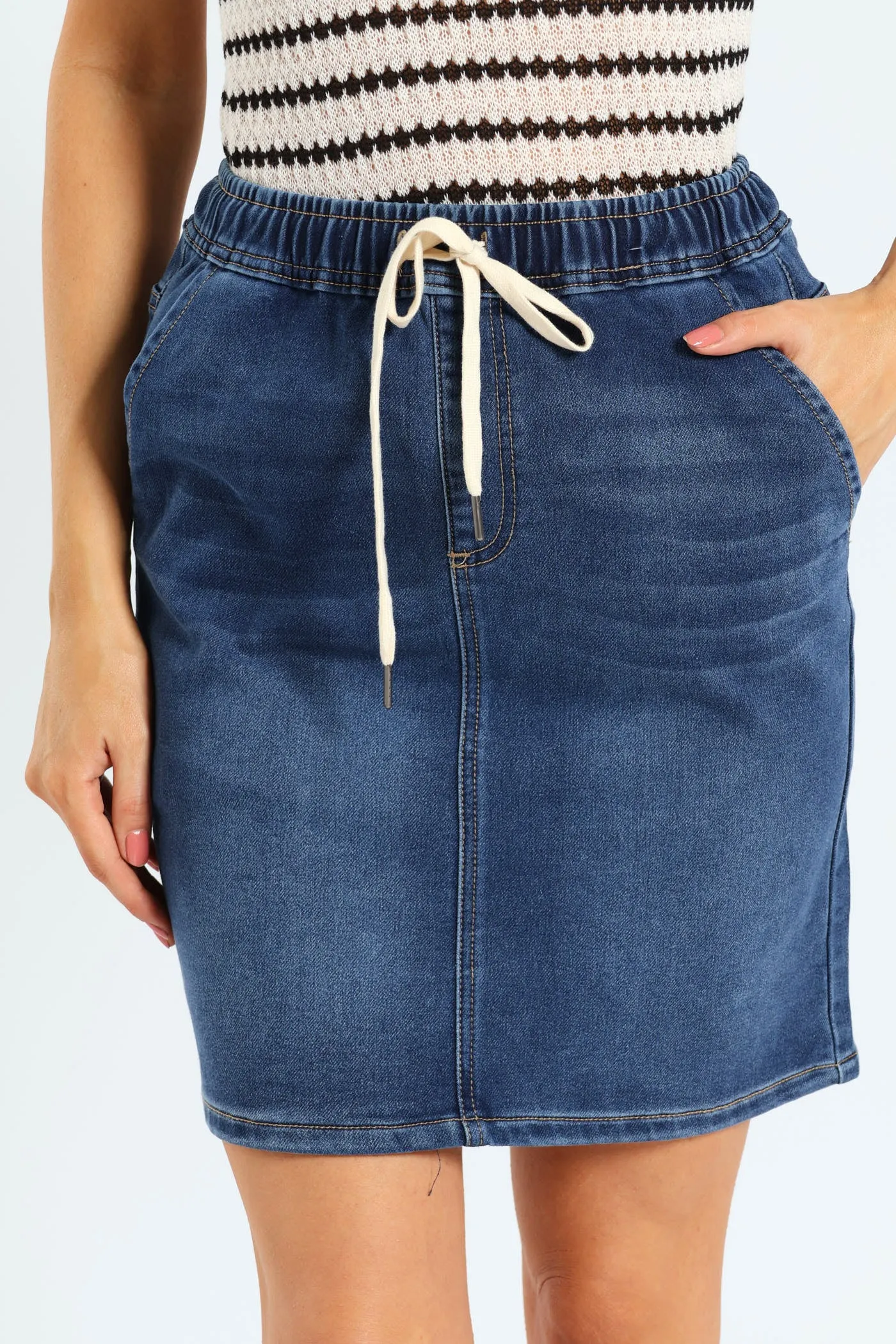Jogger Detail Knit Denim Mini Skirt - Med Wash sold by Edgars