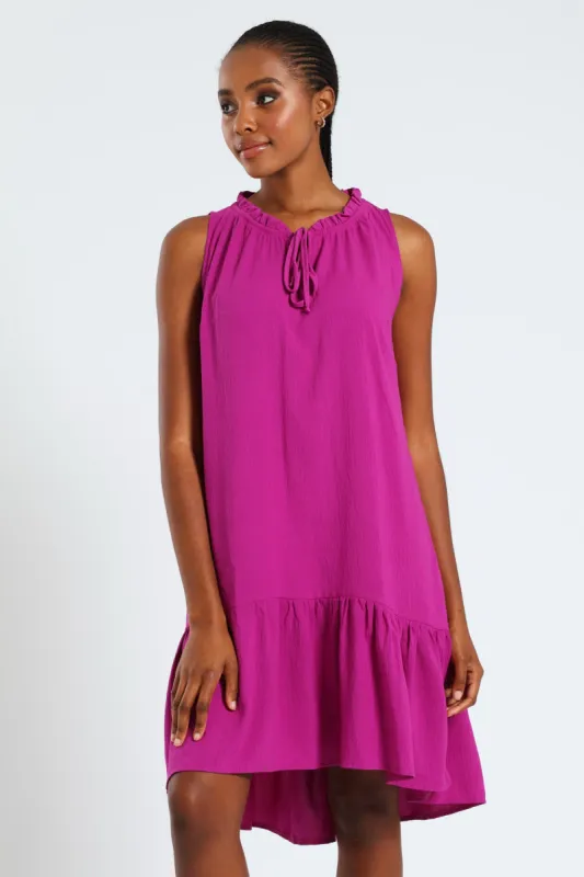 Frill Neck Drop Hem Dress - Fuchsia Purple sold by Edgars