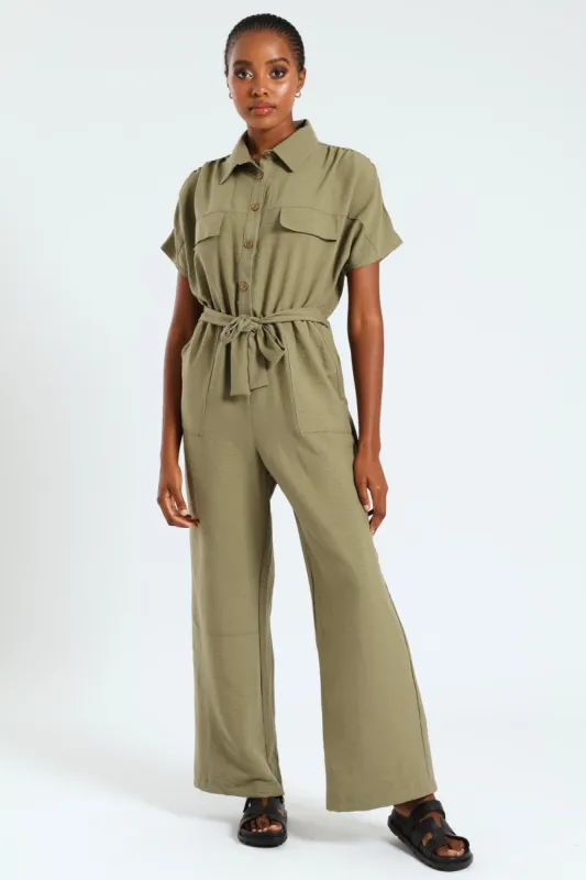 Sleveless Belted Button Through Utility Jumpsuit - Fern Green sold by Edgars