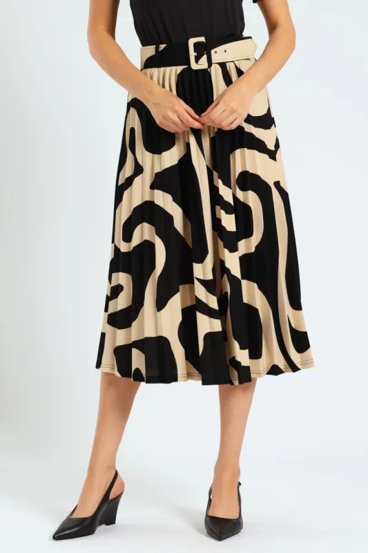 Covered Belted Pleated Skirt - Black/Beige sold by Edgars