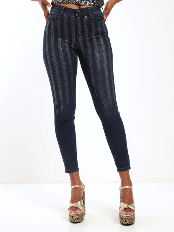 Ladies Dark Blue Axel Skinny Denim Jean With Stripe Diamante sold by Edgars 