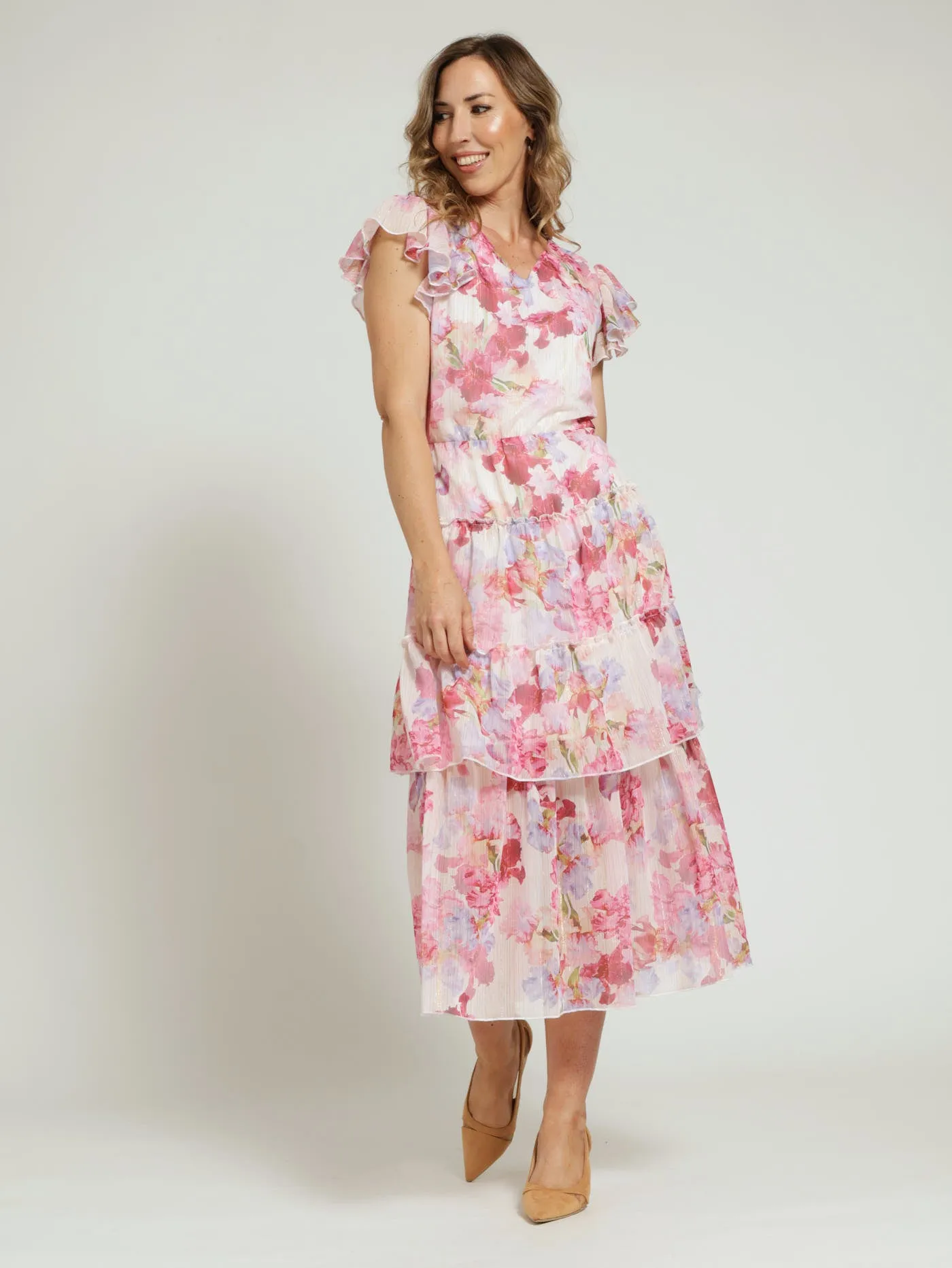 V-Neck Tiered Flutter Sleeve Maxi Dress - Pink sold by Edgars