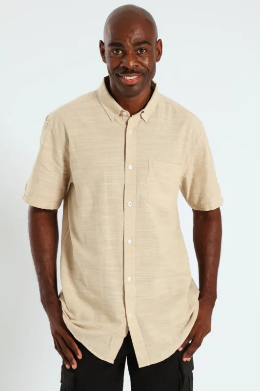 Plain Button Down Cotton Slub Shirt - Stone sold by Edgars