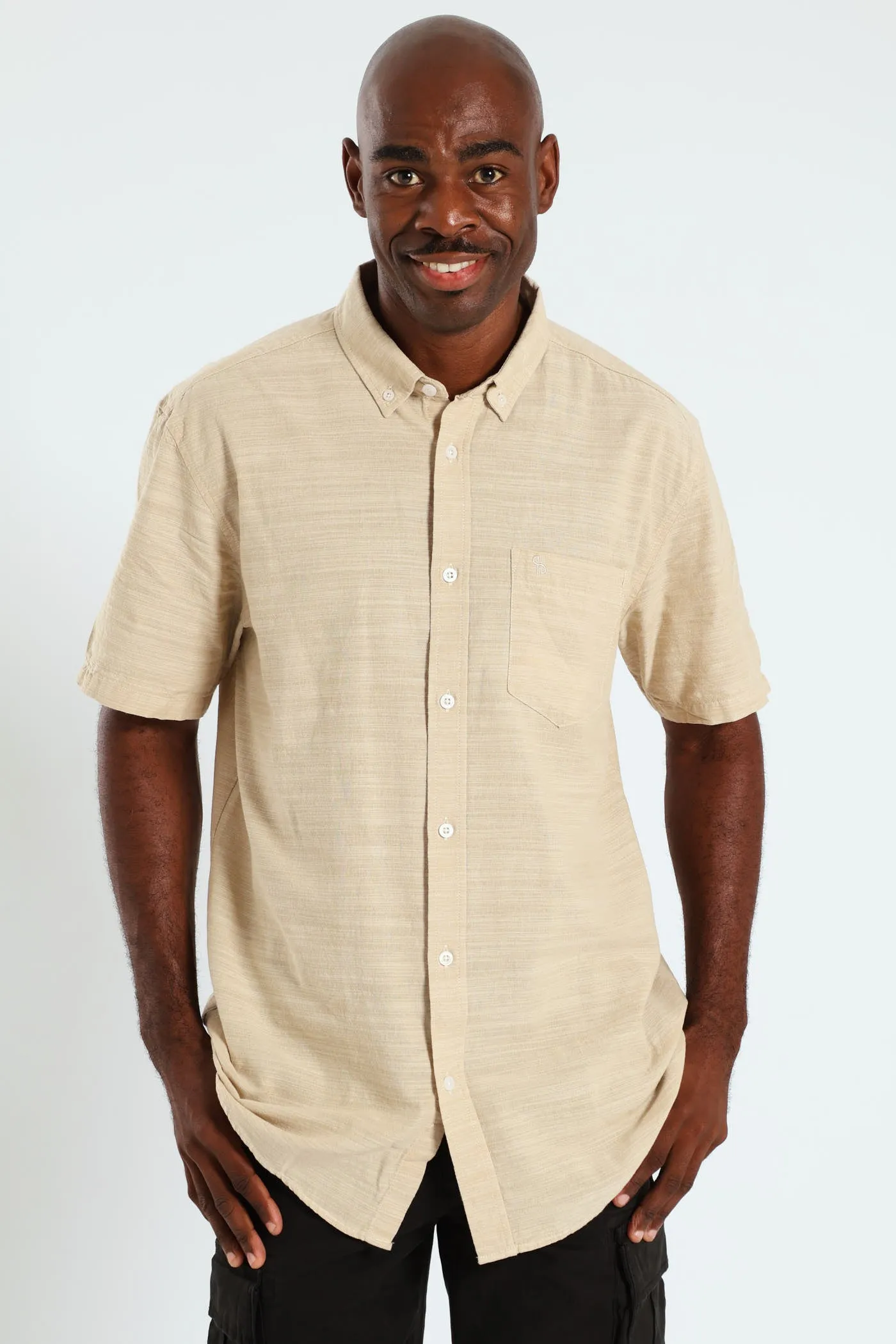 Plain Button Down Cotton Slub Shirt - Stone sold by Edgars