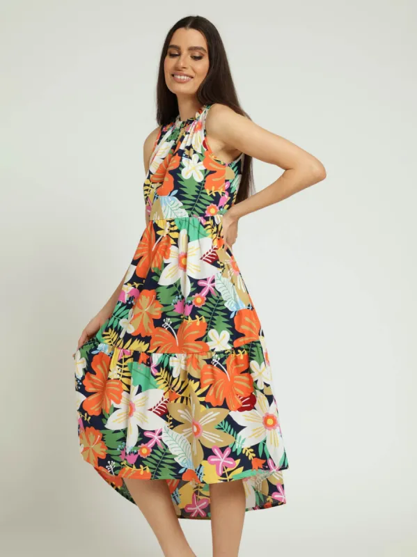 Sleeveless Frill Neck Tiered Hi-Lo Flared Maxi Dress sold by Edgars