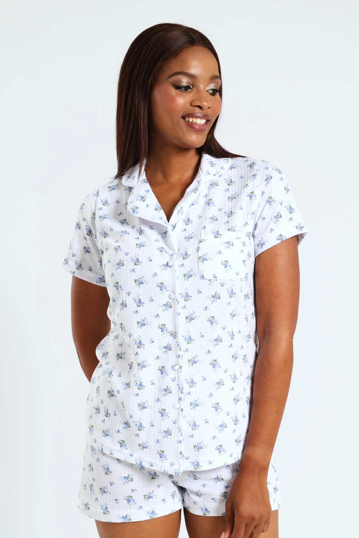 Waffle Knit Button Through Floral Sleep Set - White sold by Edgars