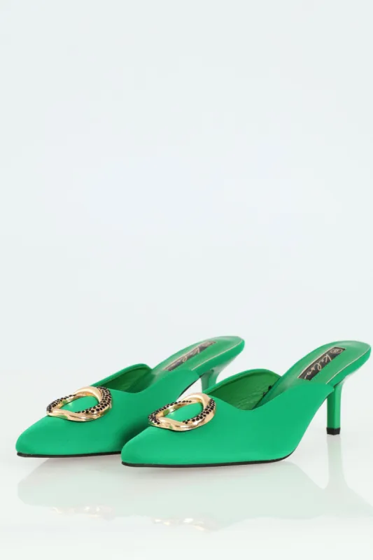 Pointy Kitten Mule Heel With Circle Buckle - Green sold by Edgars