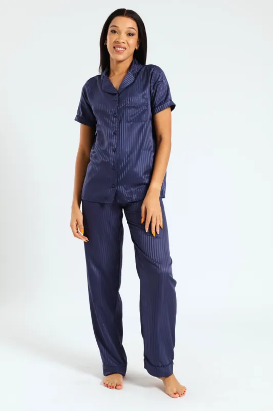 Shadow Stripe Button Through Shirt & Pant Sleep Set - Navy sold by Edgars 