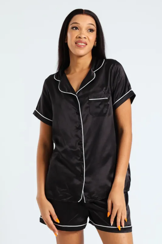 Plain Satin Button Through Short Set - Black sold by Edgars