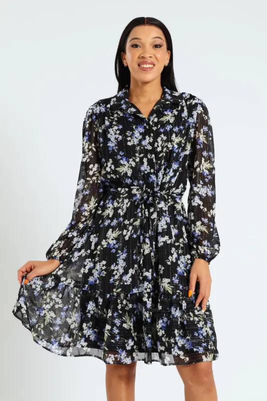 Button Through Tiered Frill Hem Tea Dress - Blue sold by Edgars