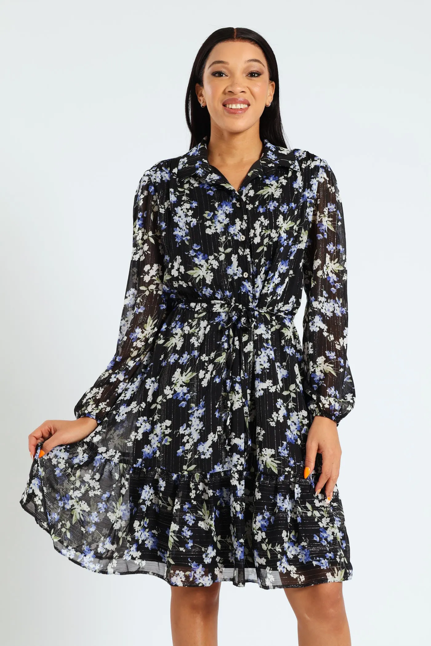 Button Through Tiered Frill Hem Tea Dress - Blue sold by Edgars