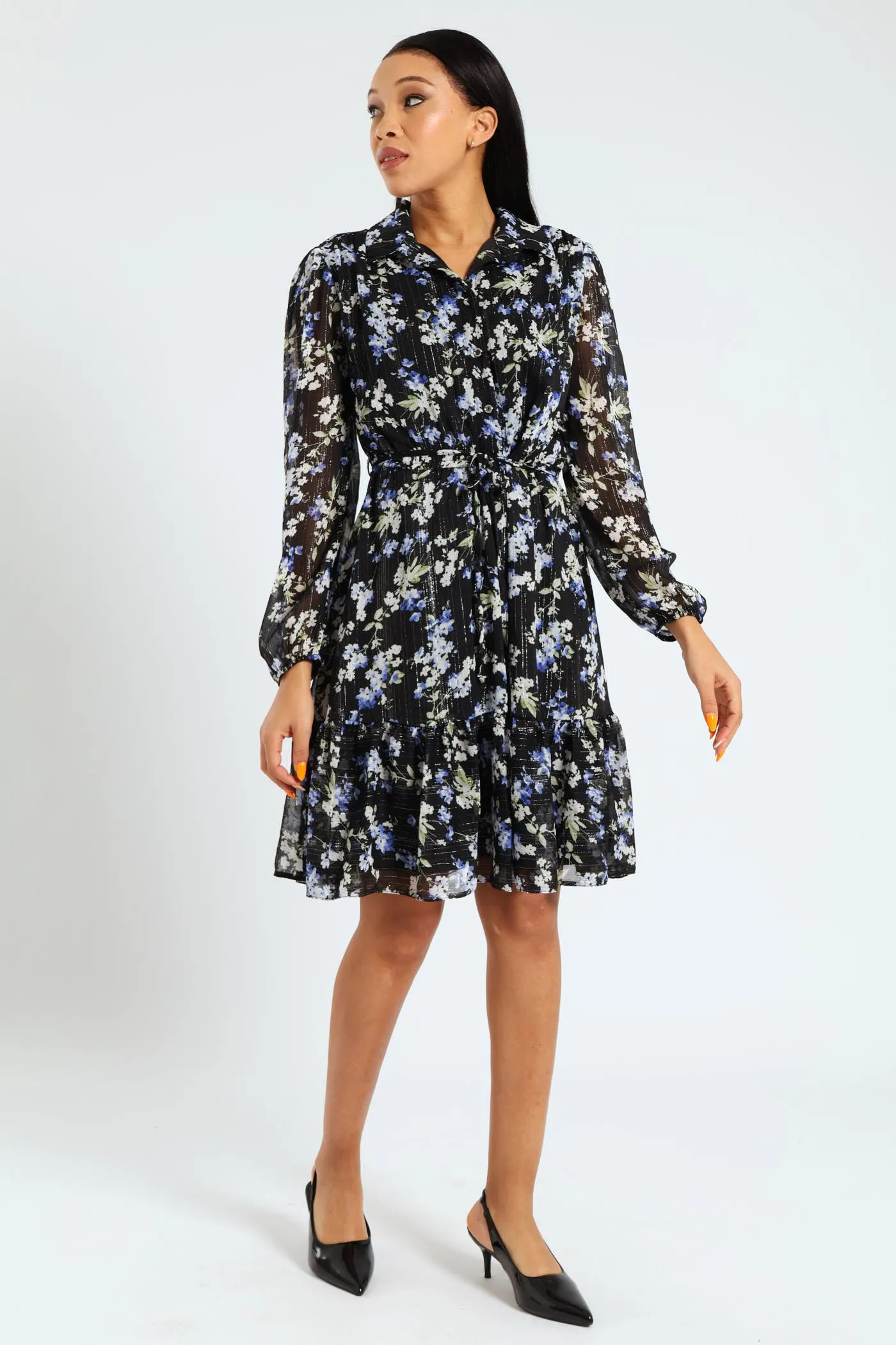 Button Through Tiered Frill Hem Tea Dress - Blue sold by Edgars product image thumbnail 4
