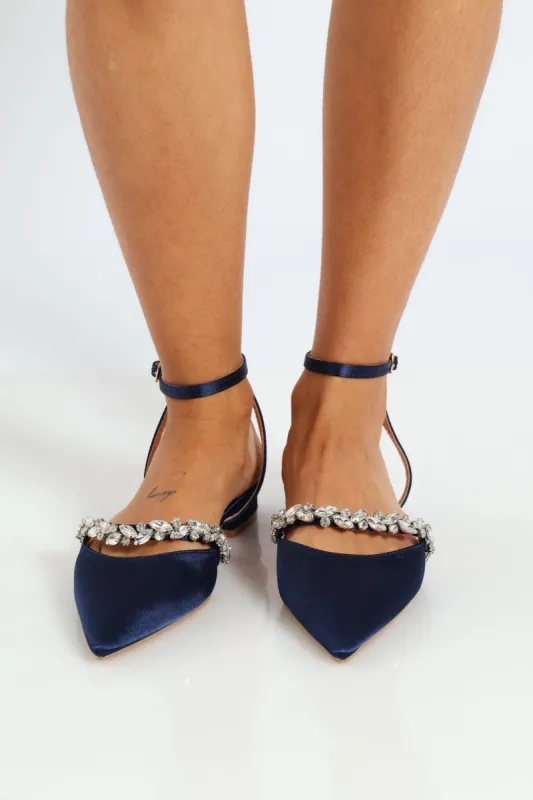 Pointy Jewel With Ankle Strap On Low Block Heel - Navy sold by Edgars