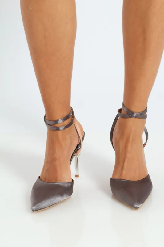 Pointed Ankle Strap Court With Detailed Heel - Pewter sold by Edgars
