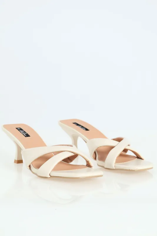 Cross Puff Straps Kitten Mule Heel - Nude sold by Edgars