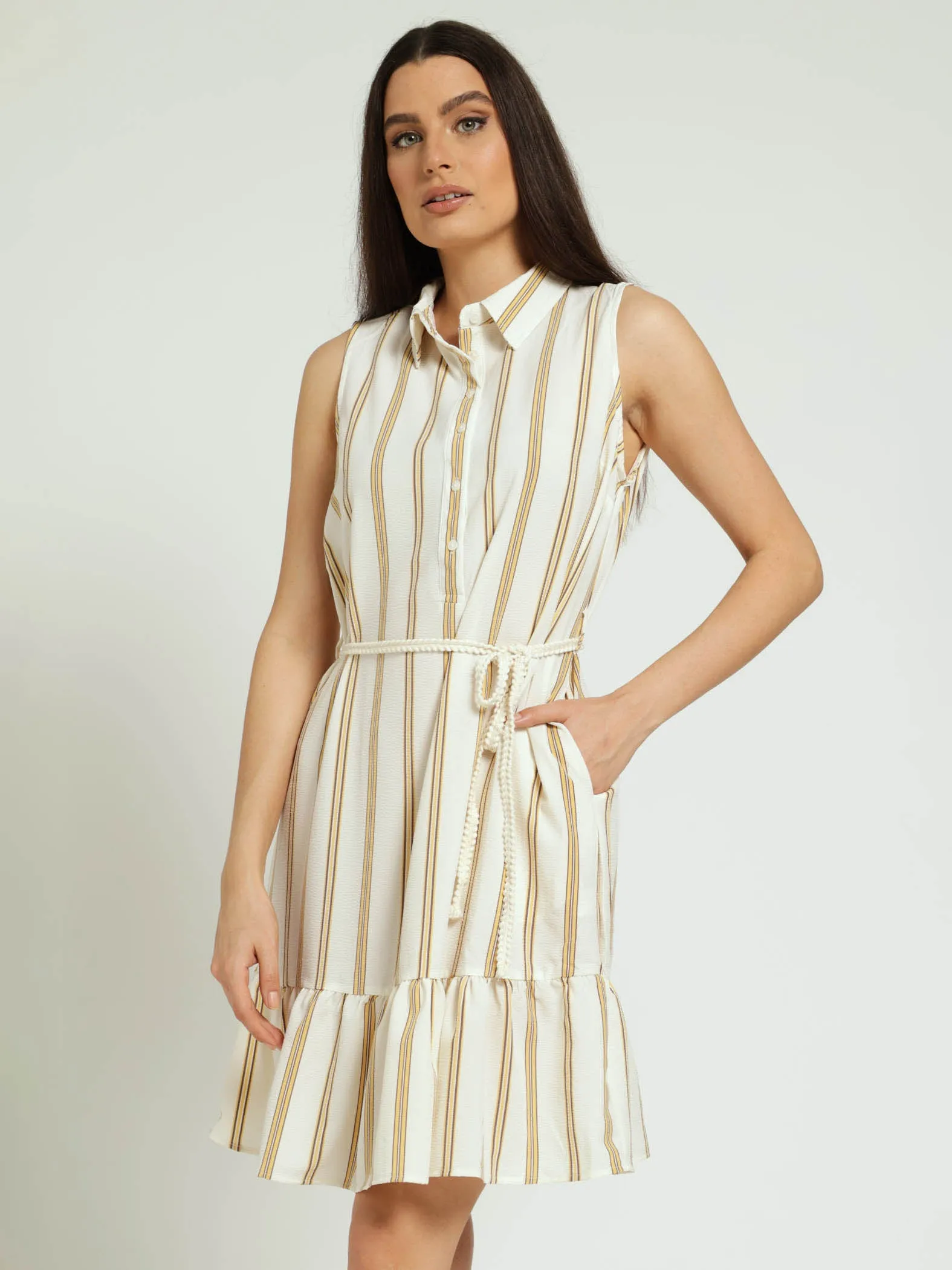 Sleeveless 1/2 Placket Coloured Frill Hem Belted Mini Dress - Cream sold by Edgars product image thumbnail 2