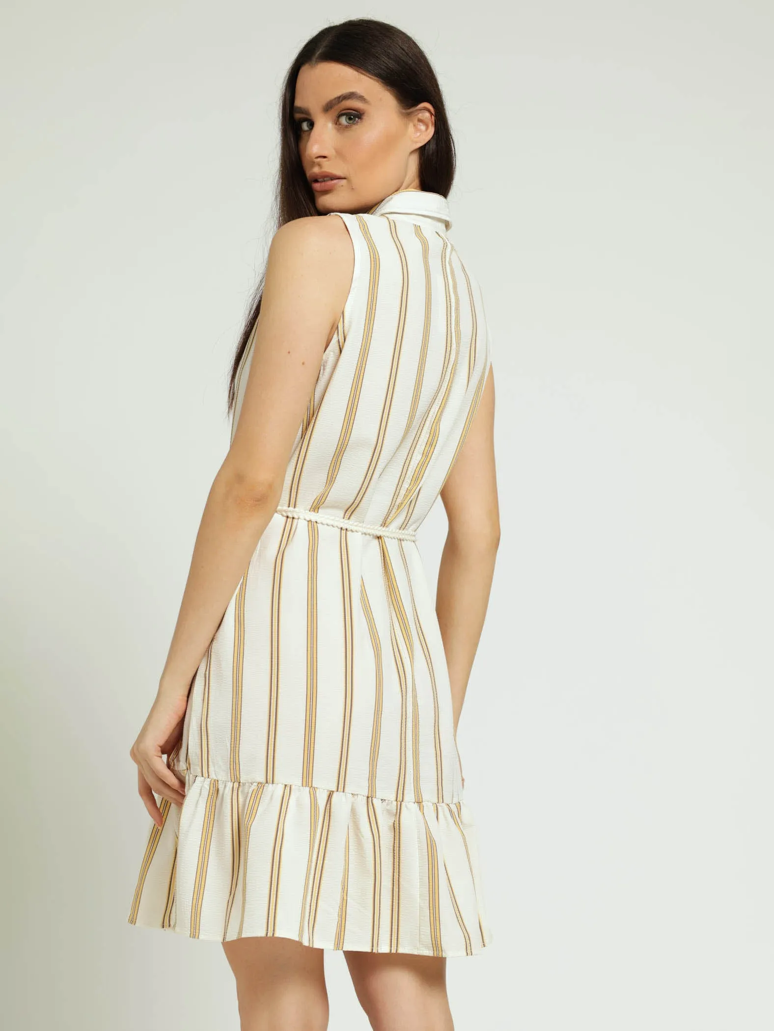 Sleeveless 1/2 Placket Coloured Frill Hem Belted Mini Dress - Cream sold by Edgars product image thumbnail 3
