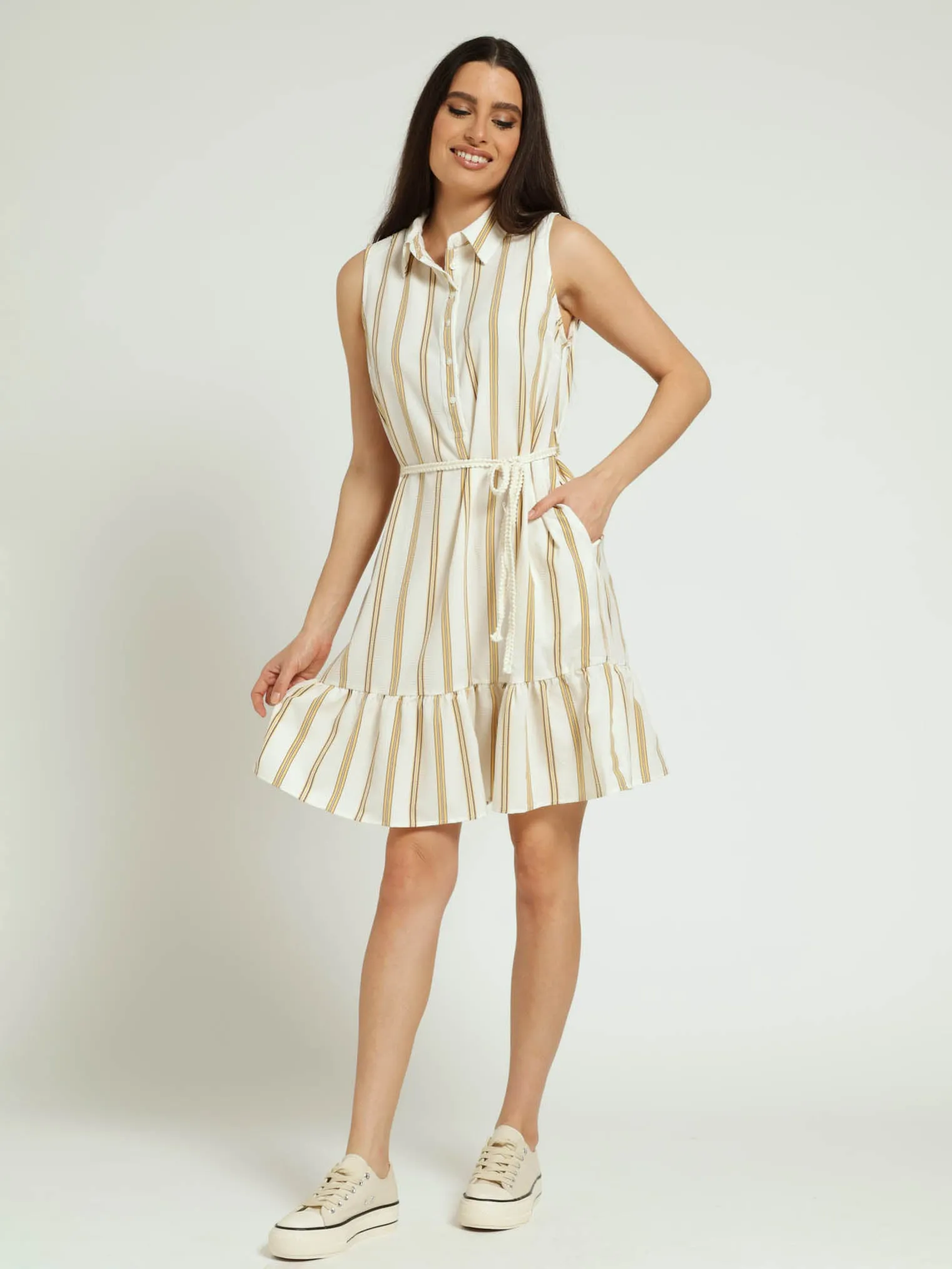 Sleeveless 1/2 Placket Coloured Frill Hem Belted Mini Dress - Cream sold by Edgars
