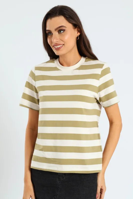 Plain Rib Neck Boxy Bold-Stripe Tee - Fatigue/Stone sold by Edgars 
