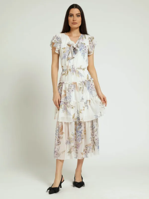 Tie Front Flutter Sleeve Maxi Dress-White/Blue sold by Edgars 