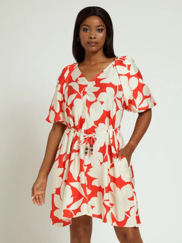 V-Neck Bubble Sleeve Belted Shift Dress - Mid Orange sold by Edgars 