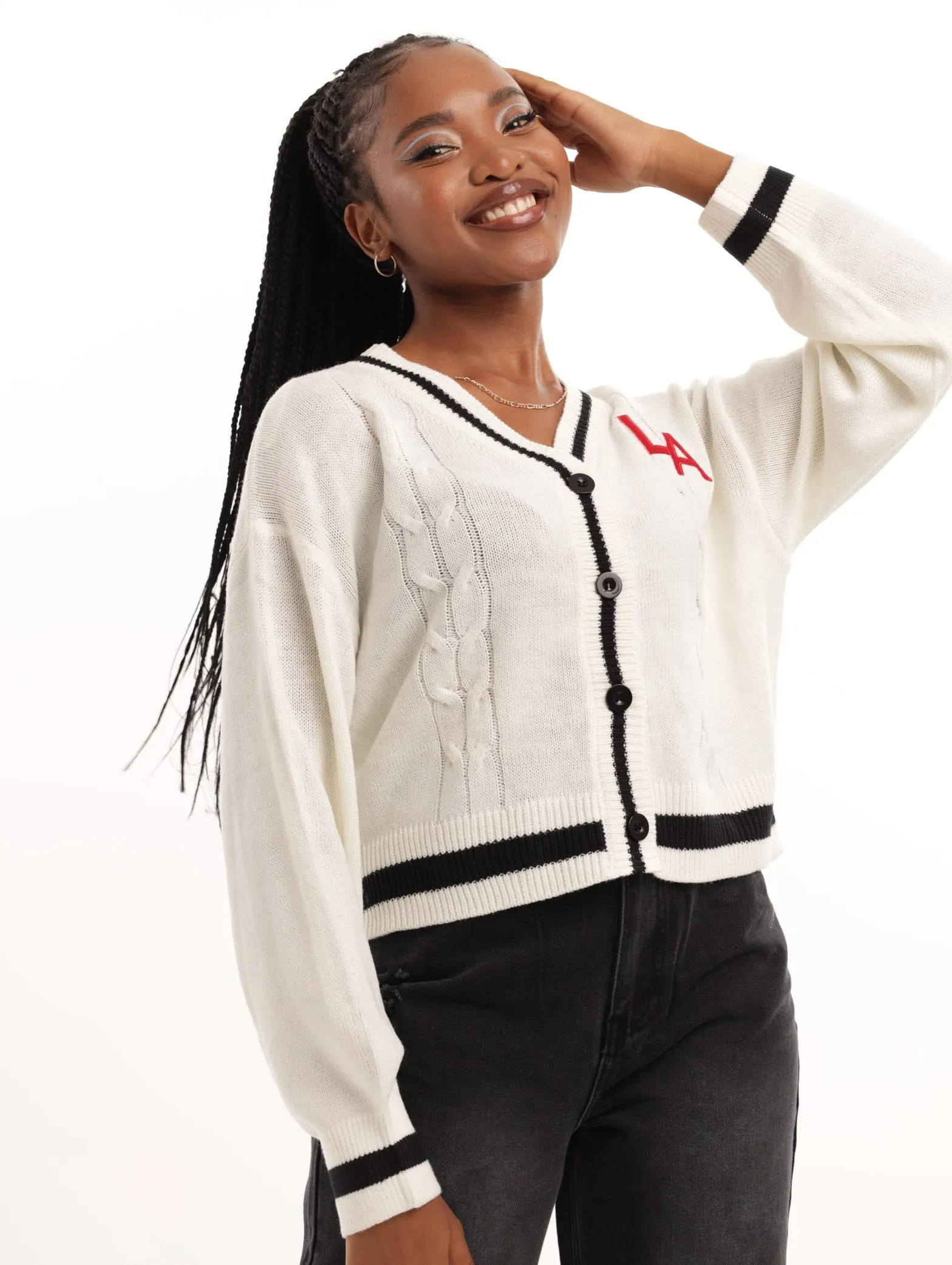 Ladies LA College Cropped Cardigan - Cream sold by Edgars