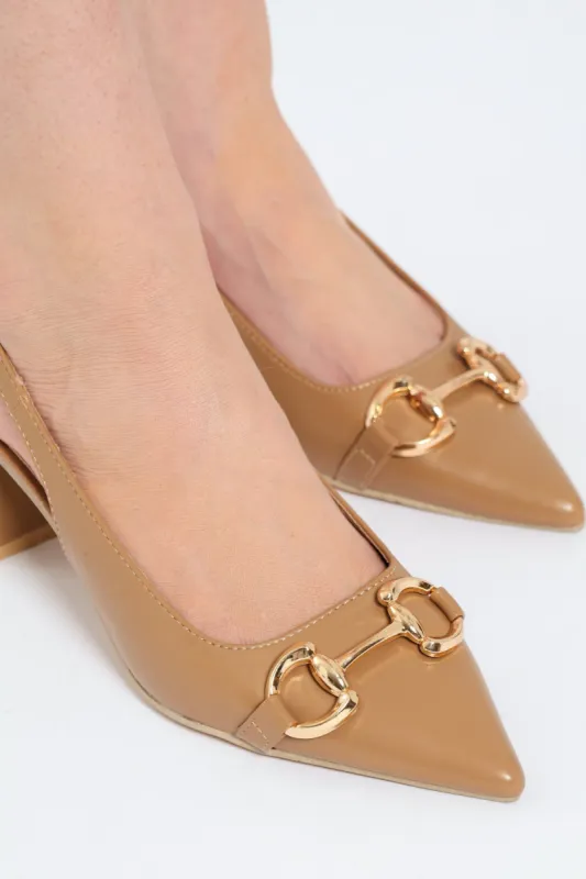 Gold Trim Low Block Pointy Slinback Heel - Beige sold by Edgars