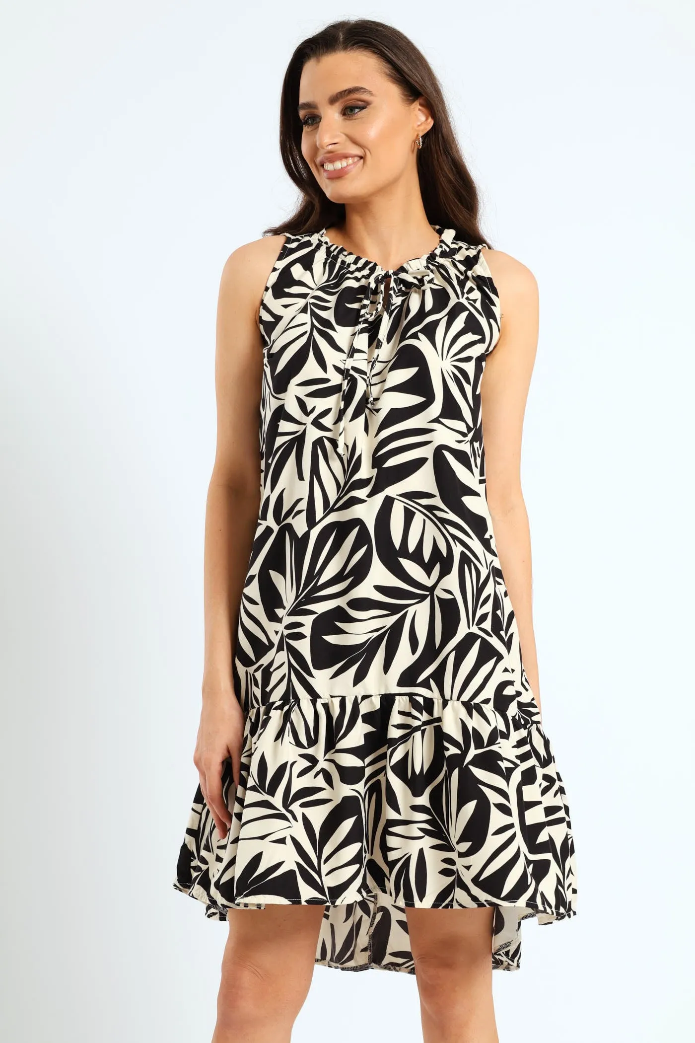Frill Neck Printed Drop Hem Dress - Black/Cream sold by Edgars product image thumbnail 3