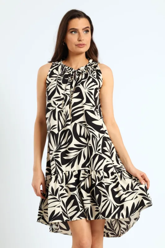 Frill Neck Printed Drop Hem Dress - Black/Cream sold by Edgars
