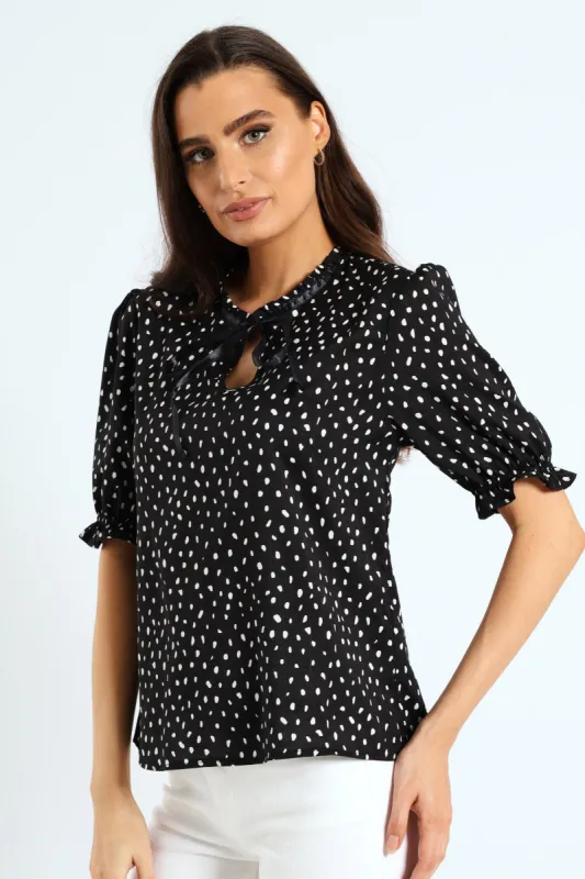 Frill V-Neck Puff Sleeve Blouse - Black/Cream sold by Edgars 